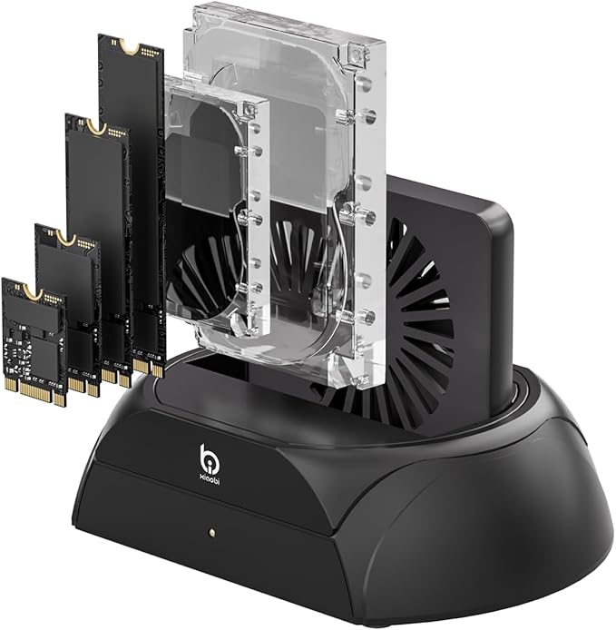 Hard Drive Docking Station, Pcie NVMe Adapter with Cooling Fan Superior Cooling Efficiency, External Hard Drive Reader Compatible with M.2 NVMe/SATA SSD & 2.5" and 3.5" SATA HDD SSD