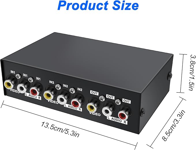 MEIRIYFA 2 Way AV RCA Switcher Splitter 2 in 1 Out, 2 Port AV RCA Switch 2-in-1 Composite Video L/R Audio Switcher Selector Box for DVD Player, Game Consoles TV Monitor Projector