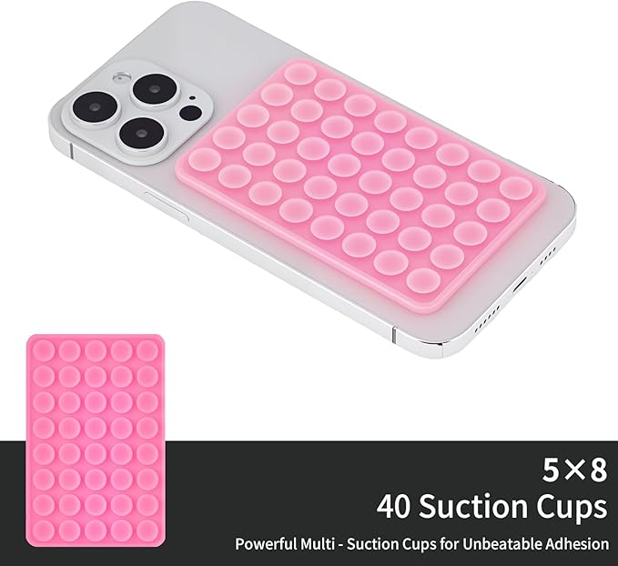 2 Pack Silicone Double-Sided Suction Grip – 40 Cups per Side, Strong Hold for iPhone, Galaxy, Pixel, Android – Hands-Free for Selfies & Videos (Pink)