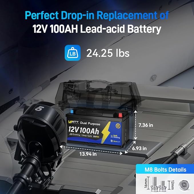 12V 100Ah Marine Starting LiFePO4 Battery Bluetooth, [Cranking &Deep Cycle] Lithium Battery with Self-Heating, Built-in 200A BMS, Perfect for Trolling Motor, RV, Marine, Boat