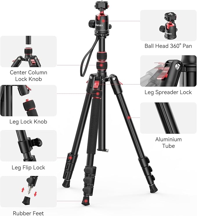 ULANZI TT31 72.4" Camera Tripod, Foldable Tripod & Monopod Aluminum w Claw Quick-Release Plate, 360°Ball Head Detachable w 180°Revertible Legs, Weight 3.42lb, Payload 33lb,for Camera/DSLR/Camcorder