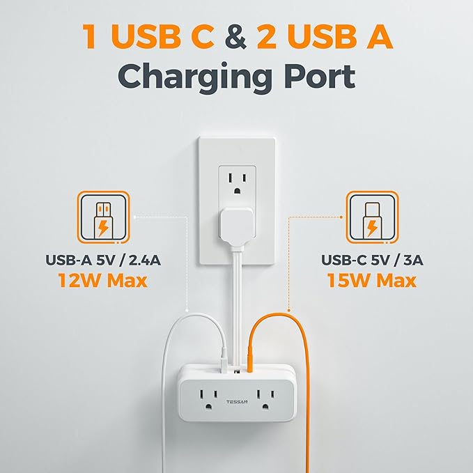 TESSAN Multi Plug Wall Outlet Extender, 6 inch Short Extension Cord, Flat Plug Splitter with 4 AC 3 USB (1 USB C) Charging Ports, Multiple Outlet Small Power Strip for Home Office Dorm Room