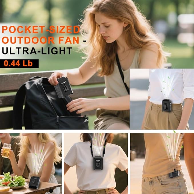 CAZOKASI Personal Waist Clip Fan Rechargeable Wearable Hand Free Wearable Cooler Fan for Traveling Working Outdoor Office (5000mAh / Black)