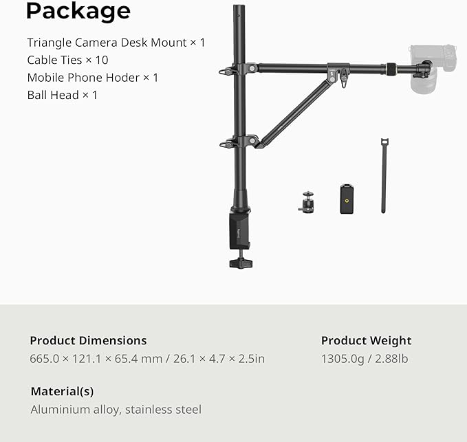 SMALLRIG Triangle Camera Desk Mount, Max. Load 3kg/ 6.6lbs, Overhead Mount with Auxiliary Support Rod, with Phone Holder and Small Ball Head for Camera/Phone/Light/Webcam