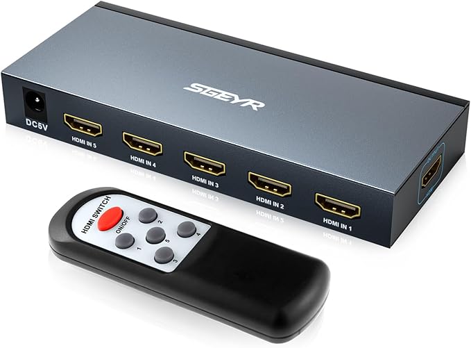 HDMI Switch SGEYR 5x1 HDMI Switcher 5 in 1 Out Multiple HDMI HUB 5 Port Box with IR Remote Control HDMI 1.4 HDCP 1.4 Support 4K@30Hz Ultra HD 3D 2160P 1080P(Grey)