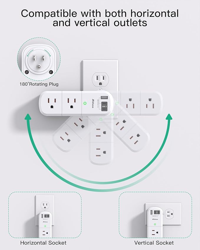 Cruise Ship Essentials - Outlet Extender with Rotating Plug, 6 AC Outlets with USB Charging Ports, Multi Plug Wall Outlet USB C Charger Hub, Non Surge Protector Non Extension Cord
