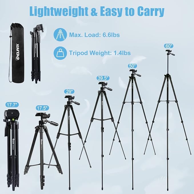 Endurax 60'' Camera Tripod Camera Stand for Canon Rebel Eos Nikon DSLR, Travel Tripods for Phone Tablet with Remote Black