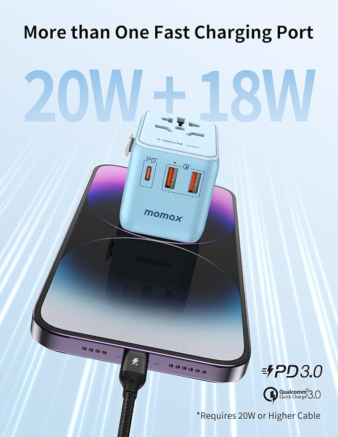 MOMAX Universal Travel Adapter, 20W+18W International Plug Adapter with 2 USB-A Quick Charging & 1 USB C PD Fast Charging, 1 AC, All-in-One Wall Charger for USA EU UK AUS JP(Type C/A/G/I)