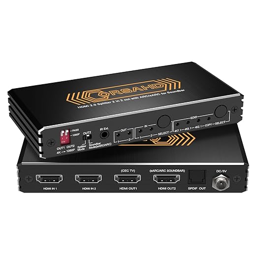 4K@60Hz HDMI 2.0 Splitter 2 in 2 Out with Audio Extractor Supports ARC,e-ARC,Soundbar,Downscale,HDCP Bypass,HDR,CEC,EDID,SPDIF,IR Remote,HDMI Swtich 2 in for soundbar
