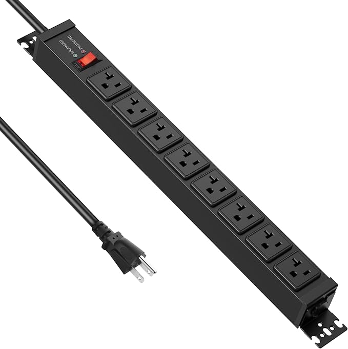 JUNNUJ 20 Amp Power Strip Surge Protector 4800J, Heavy Duty 8 Outlet Metal Multi Angle Mount, 20A Garage Power Strip Shop 6-20R T-Slot, 5-15P Plug 12 Gauge Extension Cord 15ft for Appliance
