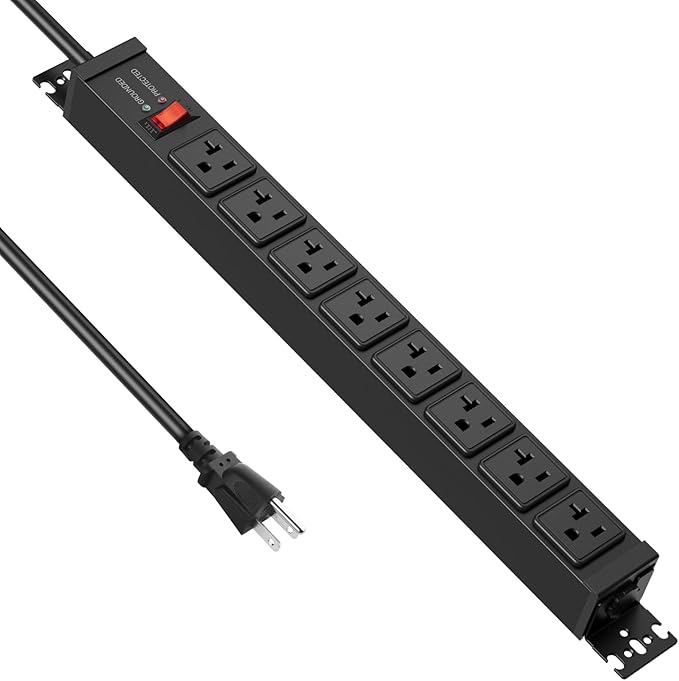 JUNNUJ 20 Amp Power Strip Surge Protector 4800J, Heavy Duty 8 Outlet Metal Multi Angle Mount, 20A Garage Power Strip Shop 6-20R T-Slot, 5-15P Plug 12 Gauge Extension Cord 10ft for Appliance