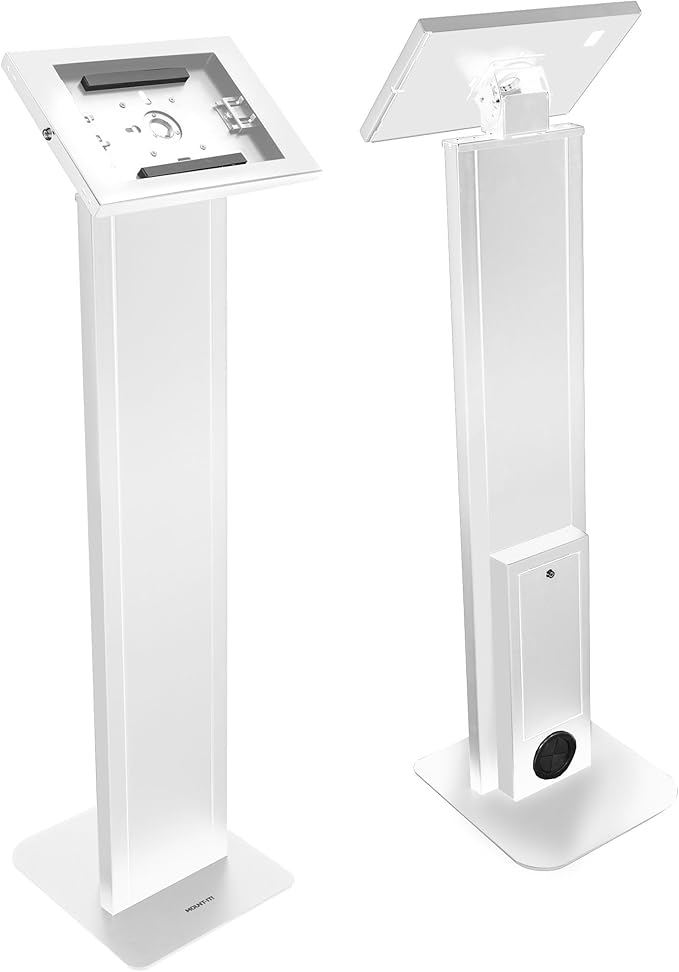 Mount-It! Anti-Theft Tablet Floor Stand, Commercial Tablet Floor Kiosk with Universal Enclosure, Locking Mount Stand for iPad Gen 7-10, Pro, Air, 10.2 inch, 10.9 Inch, White