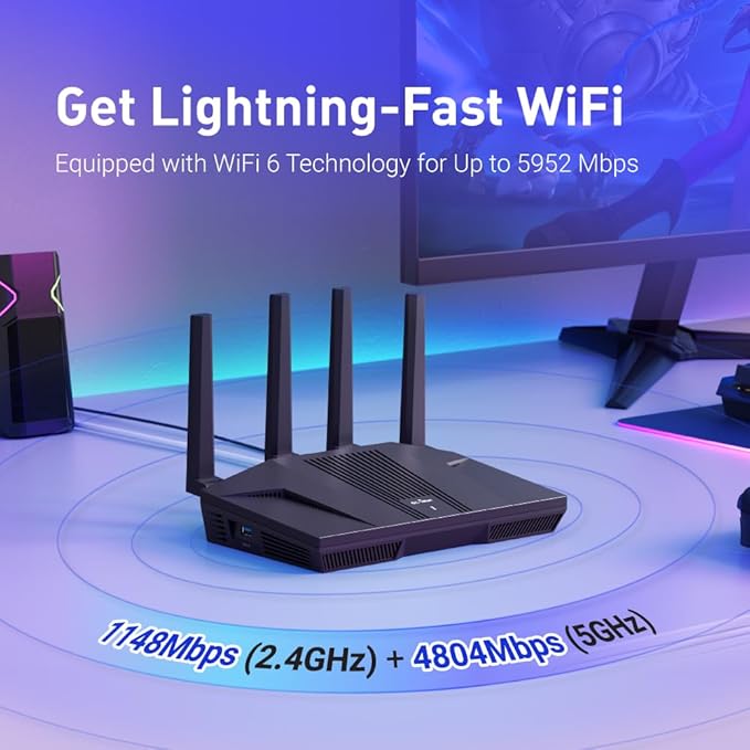 GL.iNet GL-MT6000(Flint 2) WiFi 6 Router with Wide Coverage, High-Speed Gaming Router, 2 x 2.5G Multi-Gig Ports+4 x 1G Ethernet Ports, Mass Device Connectivity, Rapid OpenVpn & WireGuard, 802.11ax