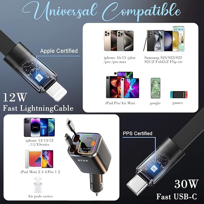 4 in 1 Retractable Car Charger for iPhone,69W USB-C Fast Car Charger,Cigarette Lighter Adapter,Fast Charging for iPhone 16/15/14/13/12/11 Pro Max,Galaxy,iPad,Pixel (USB-C&Light-ning) Alloy Black