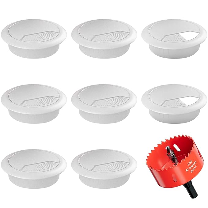Desk Grommet 3-1/8 inch (80mm) 8 Pieces - White Desk Cable Grommet Desk Cable Hole Covers with Hole Saw for TV, Office, Wires Through Countertop and Home Table