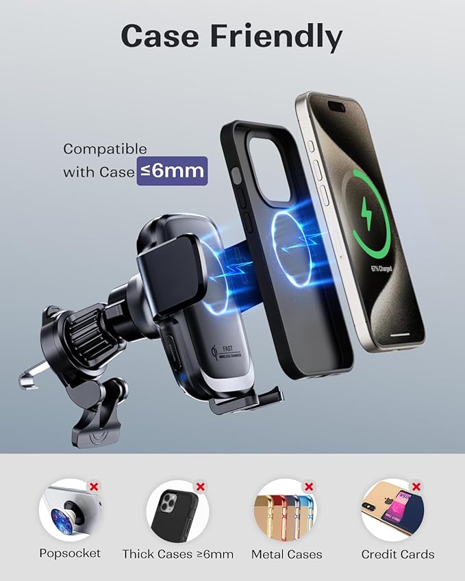 KPON Wireless Charger for Car, Car Phone Holder Charger Mount Qi Certified Auto Clamping 15W Fast Charging for Dashboard Air Vent Windshield Mount for Samsung Galaxy/iPhone 16 15 14 13 12 /Google/LG