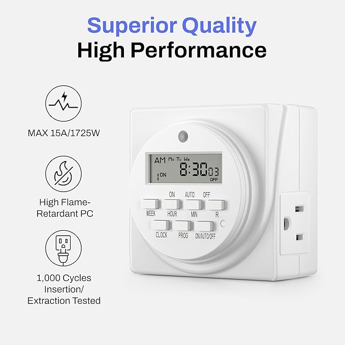 BN-LINK 7 Day Heavy Duty Digital Programmable Timer, 120V, 60Hz, Dual Outlet, Indoor, for Lamp Light Fan Security ETL Listed