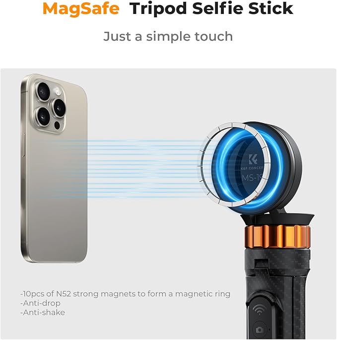 K&F Concept 63'' Magnetic Selfie Stick Tripod for iPhone, Lightweight Cellphone Stand with Wireless Remote, Compatible with iPhone 16 Pro Max/15/14/13/12 Series and All Phones