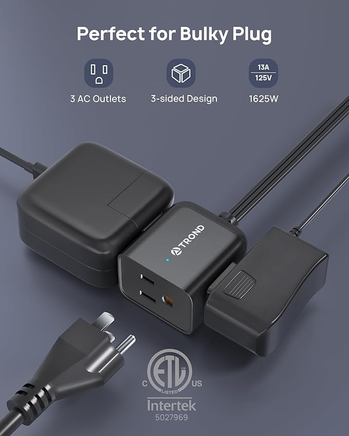 TROND 360° Rotating Flat Plug Extension Cord 6ft, Low Profile Small Power Strip, 3 Side Grounded Outlet, 13A, SPT 16/3 Gauge Cable for Indoor Home Office Kitchen Cruise Travel Essentials, Black