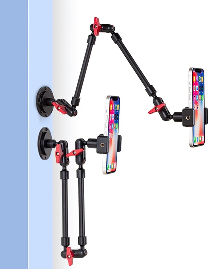 Adjustable Mobile Phone Holder for Desk, Wall and Ceiling Mount - Metal Base +60cm Arms + Phone Clip