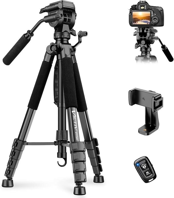 Camera Tripod, 75” Heavy Duty Tripod for Camera with Phone Holder and Travel Bag, Compatible with Video Camera, DSLR, Spotting Scopes, Camcorder, GoPro, Cell Phone, Max Load 16LB (Black)