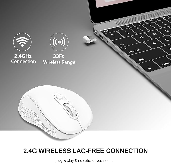 WisFox 2.4G Wireless Mouse for Laptop, Ergonomic Computer Mouse with USB Receiver and Type-C Adapter, 3 Adjustable Levels DPI, 6 Button Cordless Wireless Mice (White)