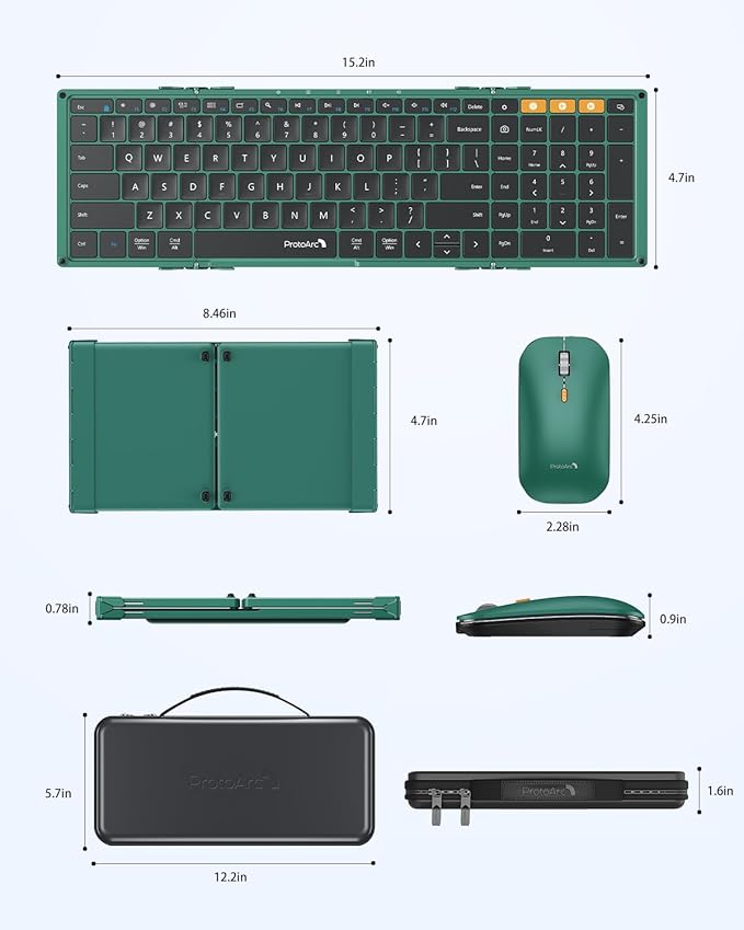ProtoArc Foldable Keyboard and Mouse, XKM01 True Full-Size Folding Wireless Keyboard Mouse Combo for Business Travel, a Portable Office Suite On-The-Go, Compatible with Laptop iPad Tablet - Green