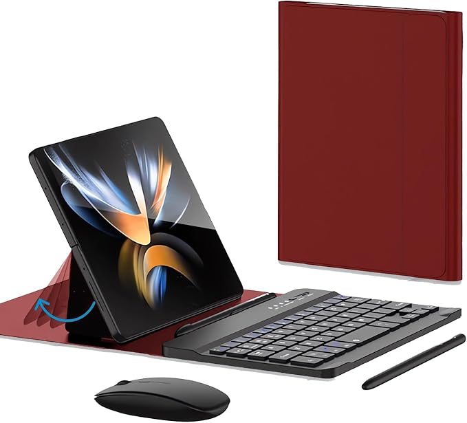 for Samsung Galaxy Z Fold 7 6 5 Keyboard and Mouse, Portable Mini 7.9 inch Bluetooth Keyboard with Leather Case and Capacitive Pen, 4 in 1 Set for Z Fold7 6 Accessories
