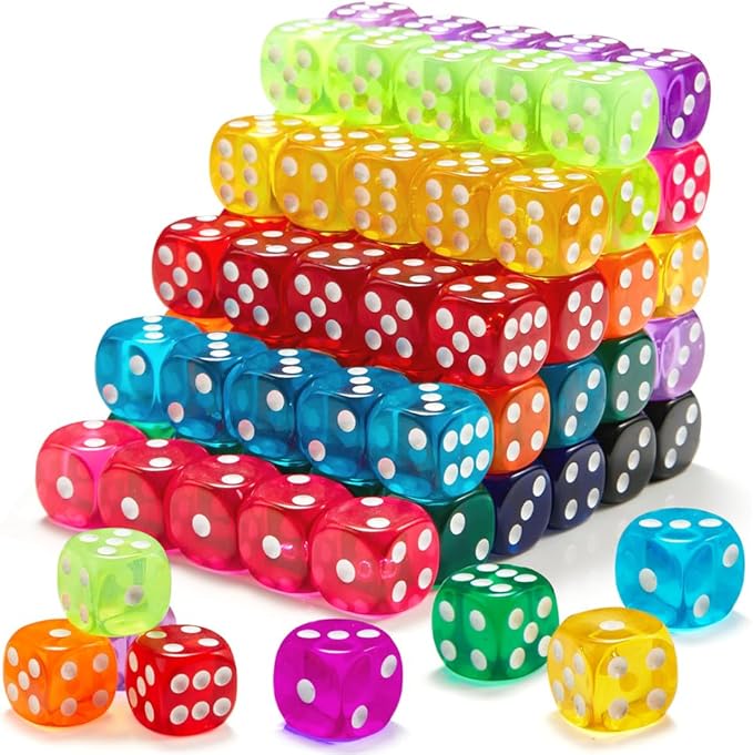 100 Pieces Colored Dice Set, Standard Bulk Colors Dices, Classroom Dice, Translucent 6 Sided Games Dice for Board Games, Parties, Classroom Math Games