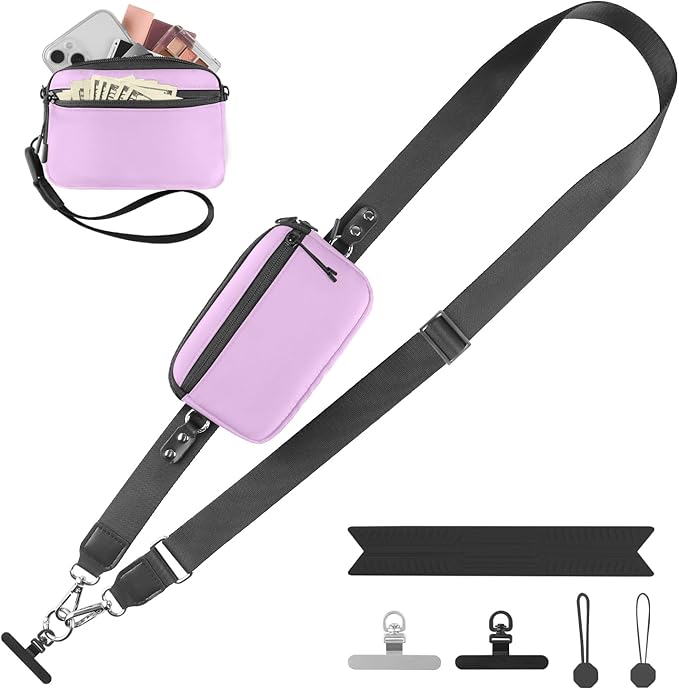 Clip and Go Strap for Phone with Wallet Crossbody, Adjustable Phone Lanyard with Detachable RFID Wristlet Wallet & Ultra-Thin 360° Rotatable Metal Tabs for All Smartphones (Purple)