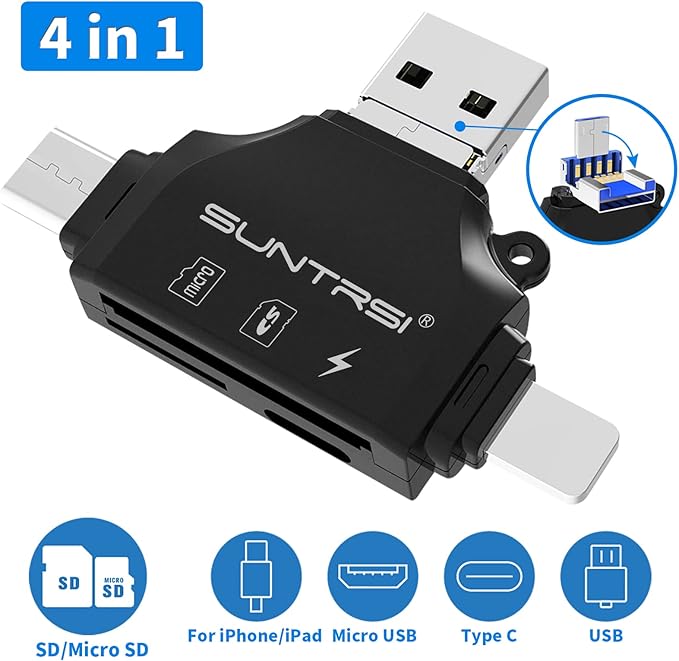 4 in 1 SD Card Reader for iPhone ipad Android Mac PC Camera,Micro SD Card Reader SD Card Adapter Portable Memory Card Reader Trail Camera Viewer for SD and TF Card
