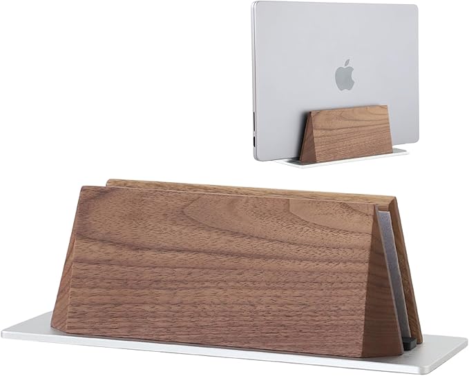 muso wood Vertical Laptop Stand, Walnut Laptop Holder Desktop Stand with Adjustable Dock Size, Wooden Laptop Stand for MacBook Pro and Other Laptops