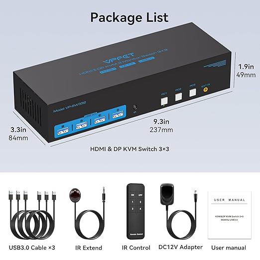 4K144Hz HDMI + 2 Displayport KVM Switch 3 Monitors 3 Computers 8K USB 3.0 KVM Switches Triple Monitor for 3 Computer Share 3 Screens and 4 USB 3.0 Ports Support Extended/Copy Mode