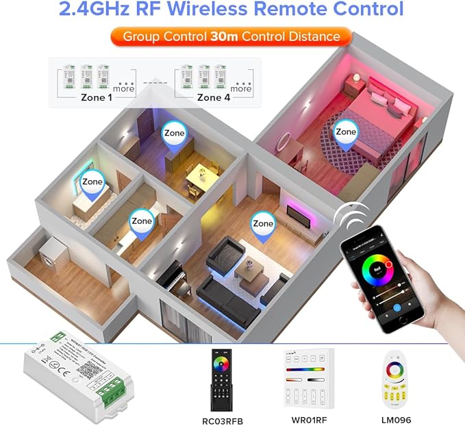 BTF-LIGHTING C03RF Tuya Controller Support PWM 5050SMD FCOB COB RGB (+ R G B) 4pin LED Strip String Support with WR01RF RC03RFB RF Remote DC5V/DC12V/DC24V Max 12A Indoor Use Only(NO Remote NO Power)