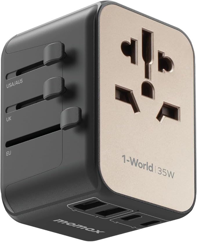 MOMAX Universal Travel Adapter, PD 35W Fast Charge International Power Adapter, 3 USB C & 2 USB A, Worldwide Travel Plug Adapter, International Power Adapter for Europe, USA, Japan, Aus(Type C/A/G/I)