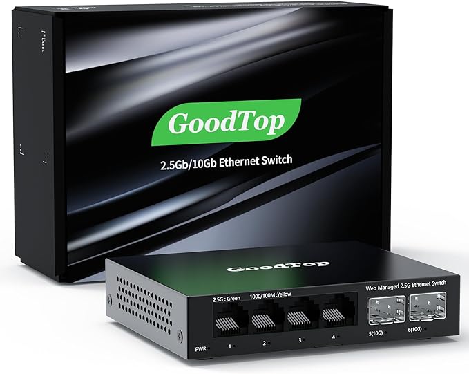 6 Port 2.5Gb Web Managed Switch,4 x 2.5GbE Ports,2 x 10G SFP+,Web Managed with Link Aggregation/VLAN/QOS, Metal Fanless Home Lab Network Switch