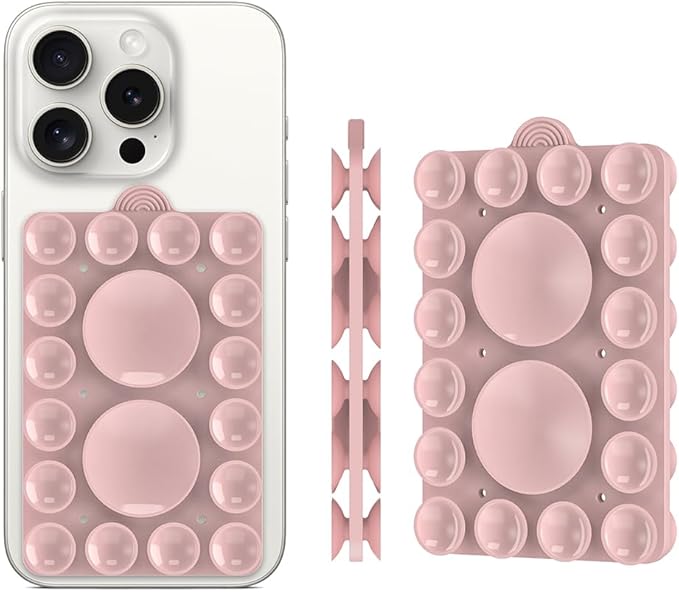 Double Sided Silicone Suction Phone Holder Mount,Compatible with iPhone and Android Cases Hands-Free Mirror Shower Phone Mount Strong Grip Holder (Light Pink, Double Sided 2PCS)
