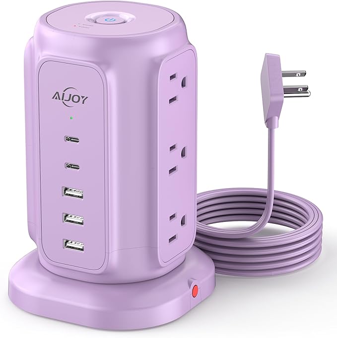 AiJoy Flat Plug Power Strip Tower with 9 Outlets and 5 USB Ports (2 USB C), 1200J Surge Protection with 1625W Extension Cord with Multiple Outlets for Dorm Home Office Supplies, Purple