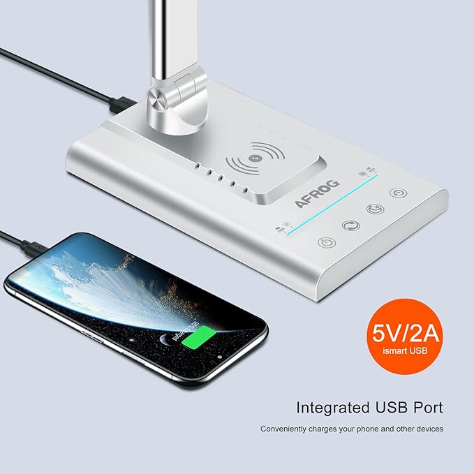AFROG 5th Gen Multifunctional LED Desk Lamp with 10W Fast Wireless Charger, USB Charging Port,1800Lux Super Bright,5 Lighting Mode,7 Brightness, Touch Control, Auto Timer, 15W Office Table Lamp