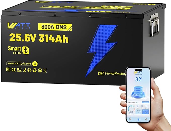 24V 314Ah LiFePO4 Lithium Battery 300A BMS, Bluetooth 5.0, Full Metal Case Aluminum Frame 8038Wh Energy, 15000+ Deep Cycles Batteries, Perfect for Home Energy, RV, Marine, Solar