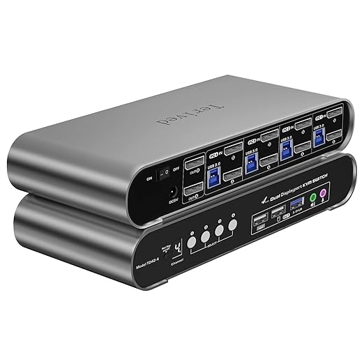 4 Computers 2 DP Monitors Automatic KVM Switch, 8K@30Hz 4K@144Hz 4 Port DP USB 3.0 Dual Monitor, Aluminum hotkey Audio Microphone, Digital Display, HDR10 with Cables