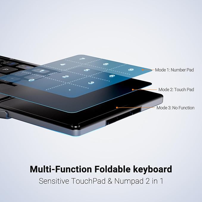 iClever Foldable Bluetooth Keyboard, BK18 Foldable Keyboard with Touchpad and Number Pad, Portable, Rechargeable, Pocket Size for Travel, Compatible with iPad, iPhone, Laptop