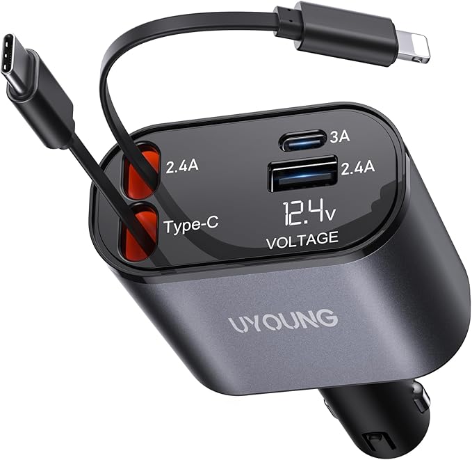 UYOUNG Retractable Car Charger 100W, 4 in 1 Fast Car Phone Charger, 2 Retractable Cables 31.5 Inch and 2 USB Ports, Compatible with iPhone 15/14/13/12/11 Pro Max/XR/XS,Samsung,Pixel,iPad/iPod