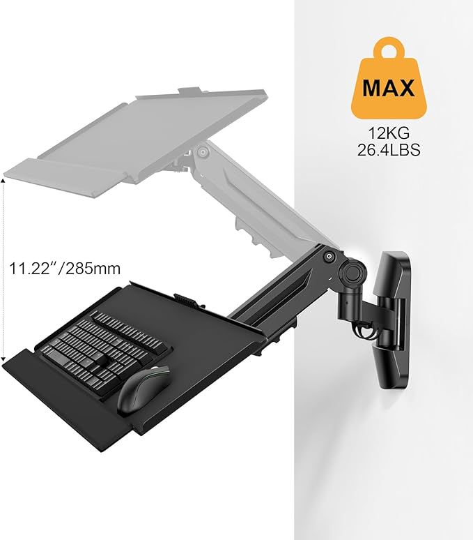 Wall Mount Keyboard Tray- Keyboard and Mouse Stand & Monitor Mount Arm,Height Adjustable Typing Platform Holds up to 26.4 lbs,Black