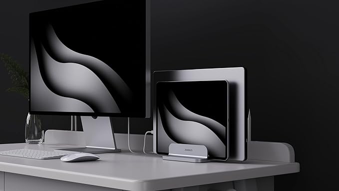 Double Aluminum Laptop Vertical Stand Organizer, Sturdy Notebook Computer Holder Stand Compatible with New Liquid Retina XDR Apple MacBook Air/Pro, Mac mini, Apple TV and iPad Pro - Silver