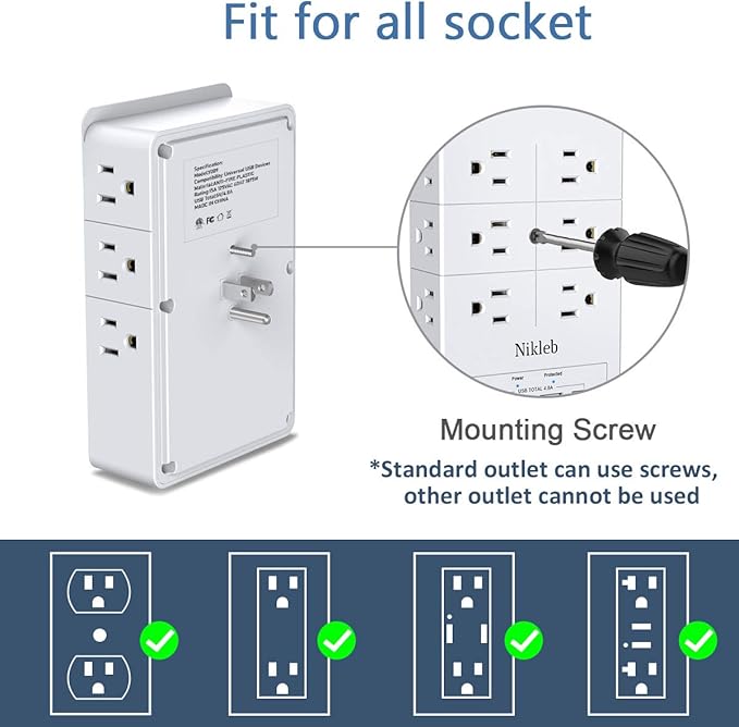 Multi Plug Outlet Surge Protector Nikleb, 12 Electrical Outlets Extender with 4 USB Charging Ports Total 4.8A, Wall Plug Expander 3 Prong for Room, Office, Gaming, Cord Organizer Accessories