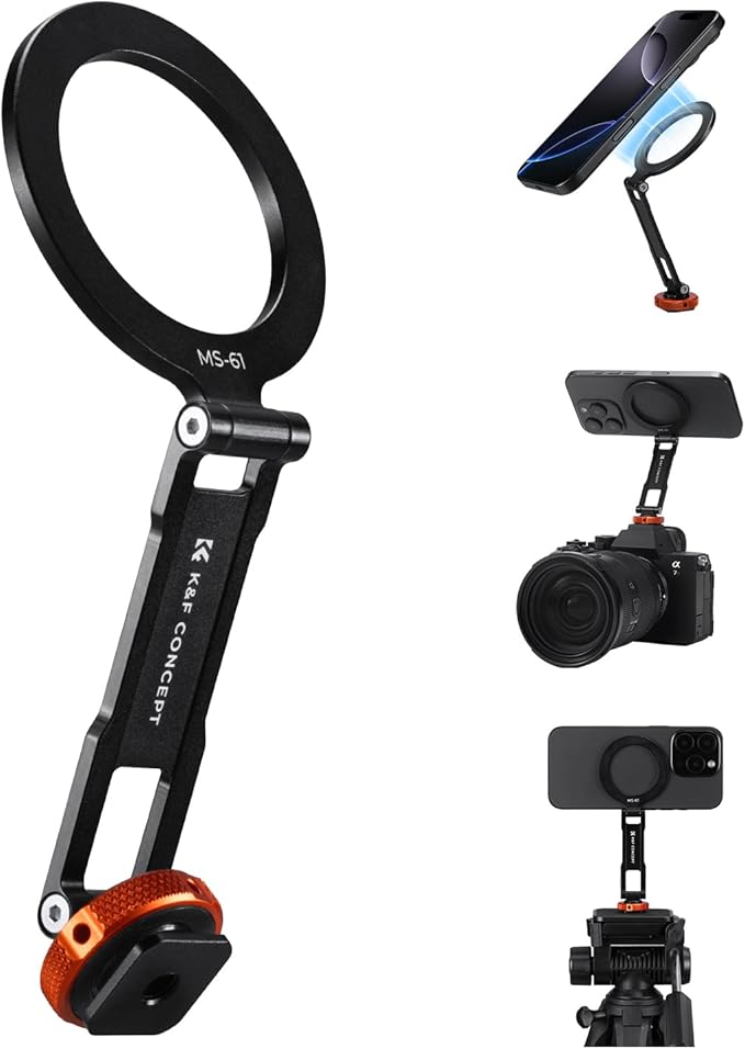 K&F CONCEPT Magnetic Metal Phone Mount with Cold Shoe Mount, Adjustable Rotatable Phone Holder Adapter Compatible with iPhone 17/16/15/14/13 Serie, Camera Monitoring, Tripods, Stabilizers