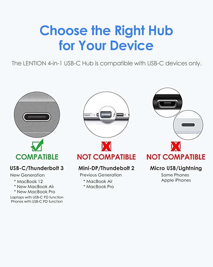 LENTION 4-in-1 USB-C Hub with Type C, USB 3.0, USB 2.0 for 2024-2016 MacBook Pro (M1-M4), iPhone 16-15 New Mac Air/Surface, ChromeBook, More, Multiport Charging & Connecting Adapter (C13, Gold)