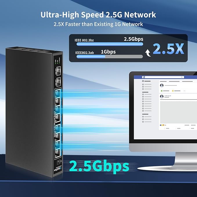 10 Port 2.5Gb Unmanaged Ethernet Switch with 8* 2.5G Base-T Ports, 2* 10G SFP+ Ports. GiGaPlus 2.5Gbps Network Switch for 2.5Gbps NAS/PC, WiFi6 Router, Wireless AP. Fanless Design, Plug and Play