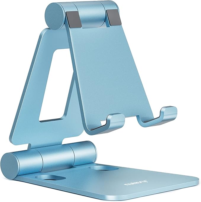 Nulaxy Dual Folding Cell Phone Stand, Fully Adjustable Foldable Desktop Phone Holder Cradle Dock Compatible with iPhone 17 16 15 14 13 12 11 Pro Max Xs Xr X 8, Nintendo Switch, All Phones - Blue